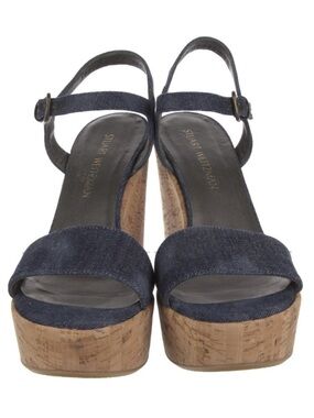 Stuart Weitzman Navy Blue Denim Platform Wedge Sandals